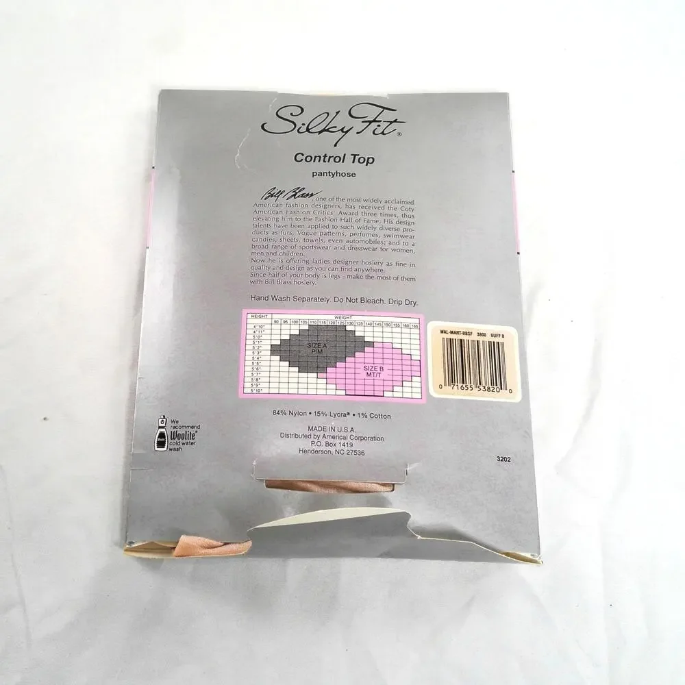 Vintage Silky Fit by Bill Blass Control Top Pantyhose Buff Size B USA
